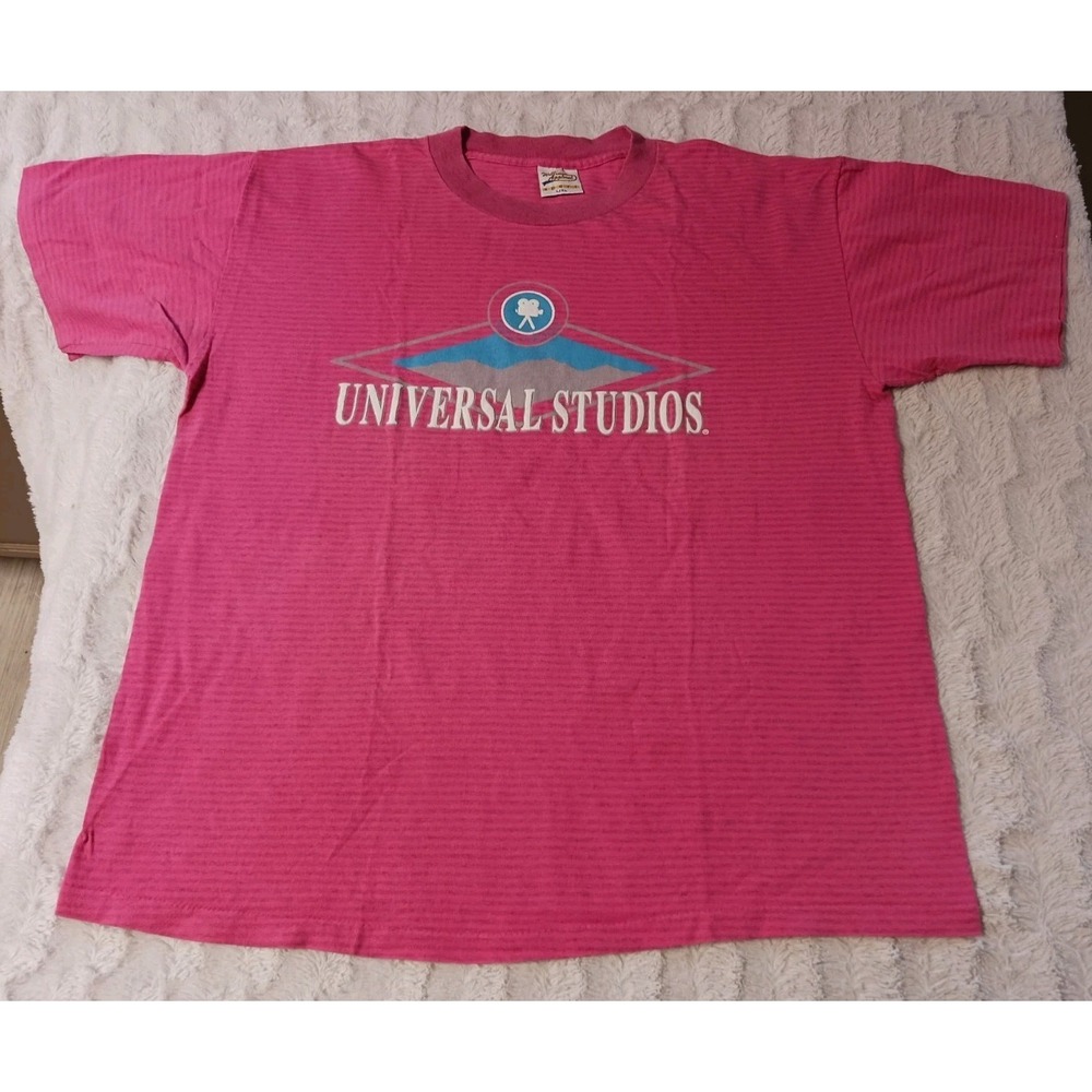 Vintage 80s-90s Universal-Studios Hollywood T Shirt Adult Large/XL Pink Striped